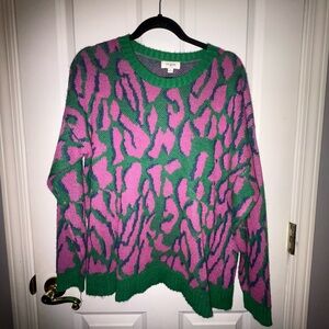 Umgee Green and Pink Crew Neck Sweater with Animal Print